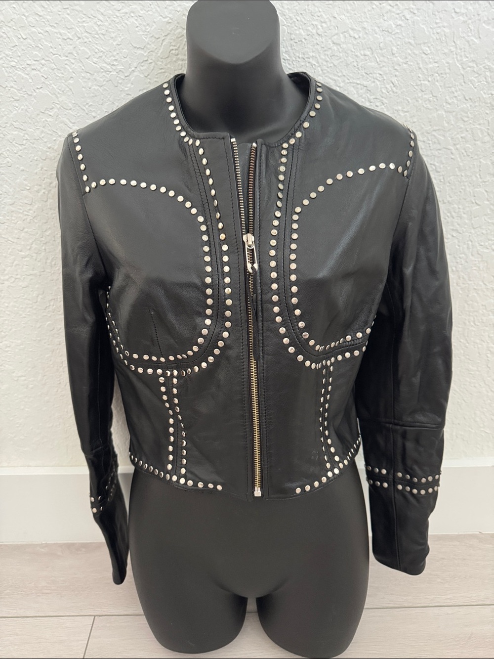 Black Studded Leather Zip-Front Women's Jacket